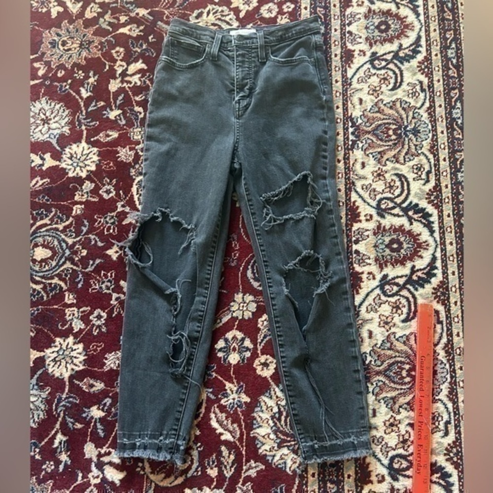 Madewell Womens Black Wash Destroyed Denim High Rise Mom Jeans Sz 26